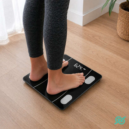 Bilancia digitale smart con connessione Bluetooth, vetro temperato e display LCD