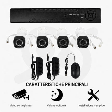 Kit Videosorveglianza con 4 telecamere e videoregistratore per controllo remoto