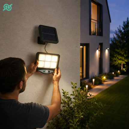Faro LED Solare con Sensore di Movimento e Telecomando, Lampada da Esterno Ricarica Solare con Pannello, Luce per Giardino Garage Ingresso Terrazzo