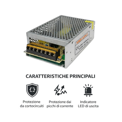 Alimentatore switching 10A 12V, professionale con protezioni per uso sicuro e stabile