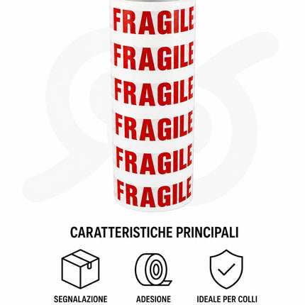 Nastro Adesivo Fragile per Imballaggio, Rotolo Etichette Segnalazione Pacchi Delicati, Adesivo da Imballo per Spedizioni e Traslochi
