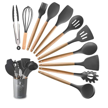Set Di 11 Utensili Cucina In Silicone Resistenti Al Calore Con Manico In Legno