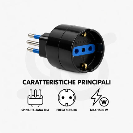 Adattatore Elettrico Spina Italiana 10A Presa Schuko Bipasso 2P+T 1500W