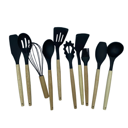 Set Di 11 Utensili Cucina In Silicone Resistenti Al Calore Con Manico In Legno