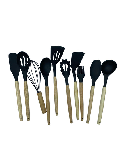 Set Di 11 Utensili Cucina In Silicone Resistenti Al Calore Con Manico In Legno