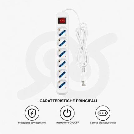 Ciabatta Multipresa elettrica a 6 posti con interruttore e cavo da 1,8 metri per parete