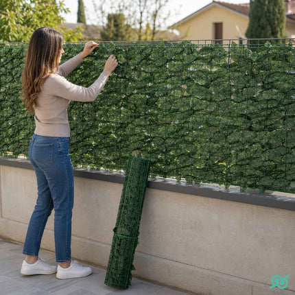 Siepe Artificiale Estensibile con Foglie Decorative, Pannello Privacy per Balcone Terrazza Giardino Recinzione, Rivestimento Rete per Esterni e Interni
