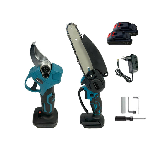 Set per Potatura con Forbice e Mini Motosega Elettrica con due Batterie Incluse