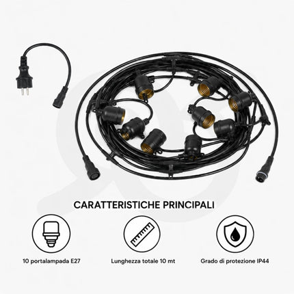 Cavo con portalampade per esterno ed interno con attacco a vite e con spina
