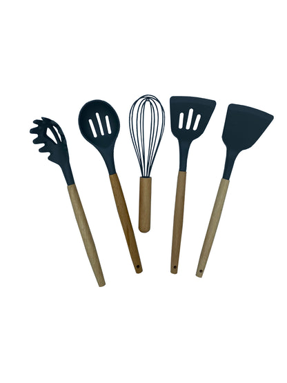 Set Di 11 Utensili Cucina In Silicone Resistenti Al Calore Con Manico In Legno