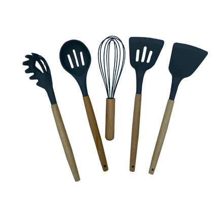 Set di utensili da cucina in silicone con il manico in legno e con il secchiello