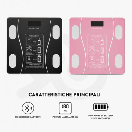 Bilancia digitale smart con connessione Bluetooth, vetro temperato e display LCD