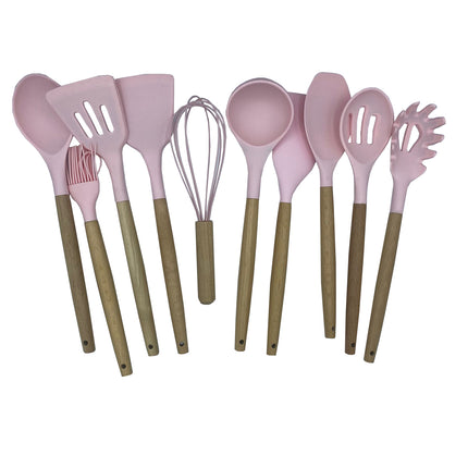 Set Di 11 Utensili Cucina In Silicone Resistenti Al Calore Con Manico In Legno