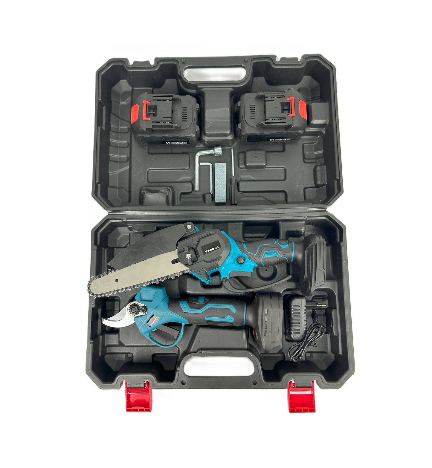 Set per Potatura con Forbice e Mini Motosega Elettrica con due Batterie Incluse