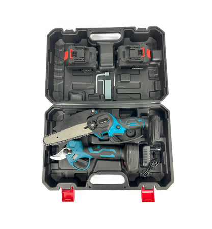Set per Potatura con Forbice e Mini Motosega Elettrica con due Batterie Incluse