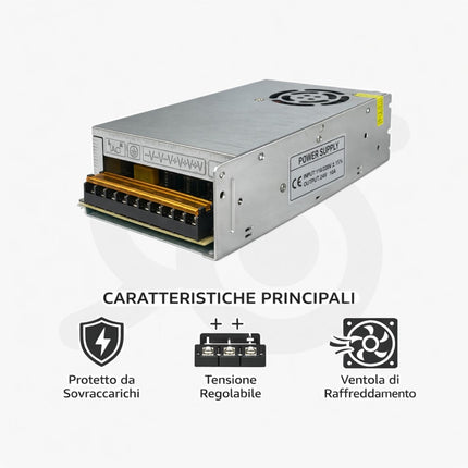 Alimentatore switching 10A 24V, professionale con protezioni per uso sicuro e stabile