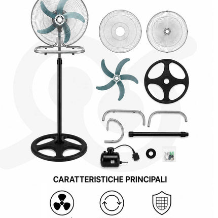 Ventilatore a piantana 3 in 1 100W, diametro 50 cm, oscillazione automatica, 3 velocità da tavolo o a parete