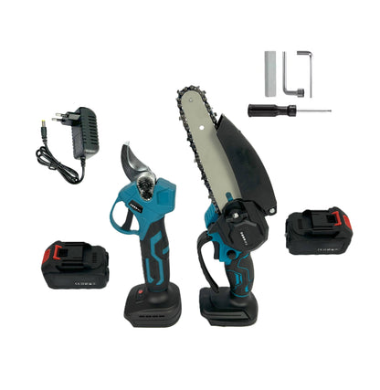 Set per Potatura con Forbice e Mini Motosega Elettrica con due Batterie Incluse