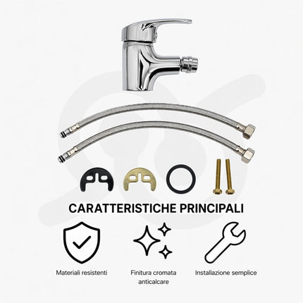 Miscelatore bidet monocomando, rubinetto per bagno elegante con flessibili inclusi