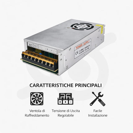 Alimentatore switching 30A 12V, professionale con protezioni per uso sicuro e stabile