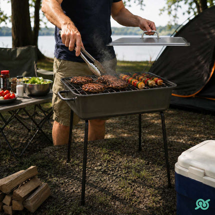 Barbecue a Carbone Portatile da Tavolo con Coperchio e Griglia per Picnic Campeggio