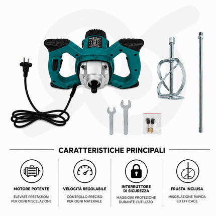 Trapano Miscelatore 2200W con Frusta per Colla Malta Cemento e Vernice